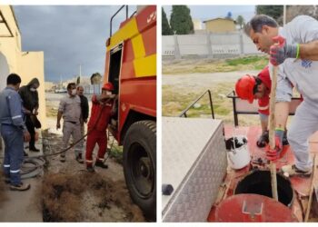 عملیات لایروبی مخزن فوم کامیون آتش نشانی در مرکز انتقال نفت نورآباد