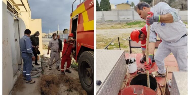 عملیات لایروبی مخزن فوم کامیون آتش نشانی در مرکز انتقال نفت نورآباد